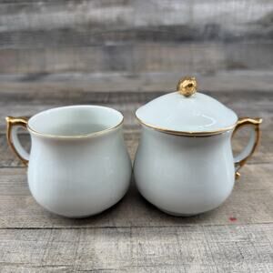 Pot De Creme by JSC Accent Cups Set of Two White with Gold Trim